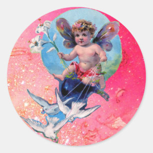 BABY FAIRY WITH DOVES IN GLITZERN blue rosa Runder Aufkleber
