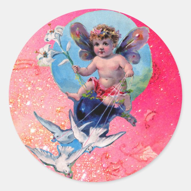BABY FAIRY WITH DOVES IN GLITZERN blue rosa Runder Aufkleber (Vorderseite)