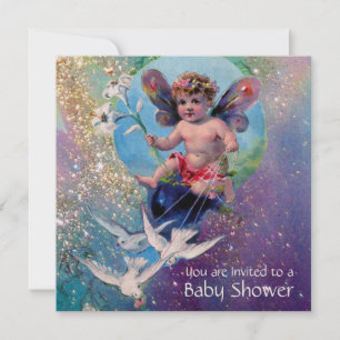 BABY FAIRY WITH DOVES IN GLITZERN Champagne Einladung