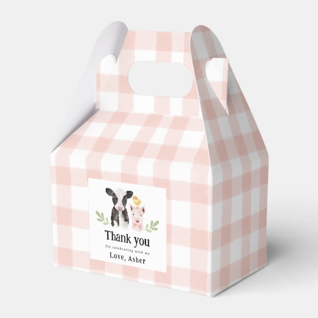 Baby Farm Animals Pink Gingham Geschenkschachtel (Vorderseite)