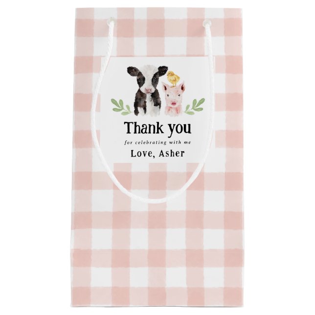 Baby Farm Animals Pink Gingham Kleine Geschenktüte (Vorderseite)
