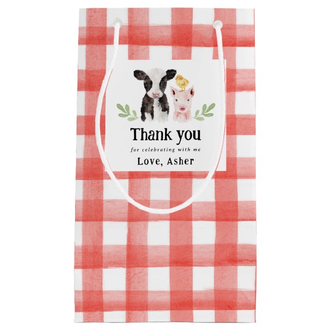 Baby Farm Animals Red Gingham Kleine Geschenktüte (Vorderseite)