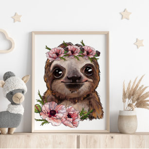 Baby Faultier Rose Tierposter   Wanddruck Poster