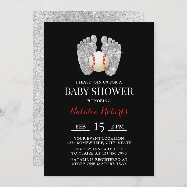 Baby Feet & Baseball Sport Baby Dusche Einladung (Vorne/Hinten)