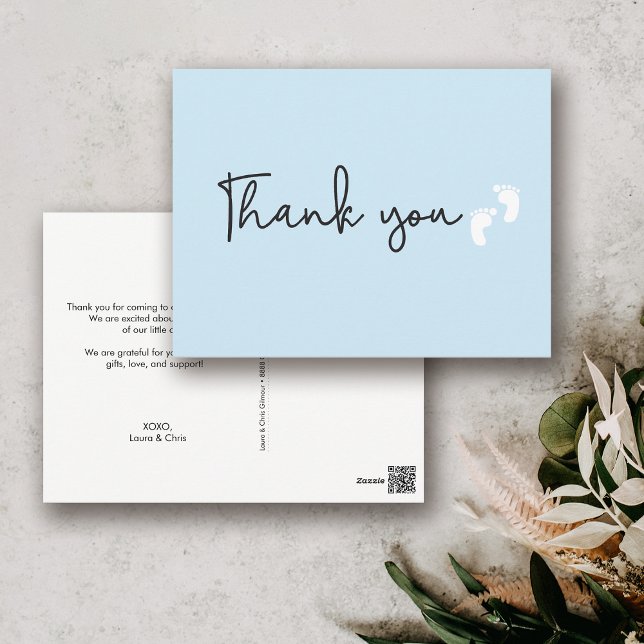 Baby Feet blau minimale moderne Babydusche Postkarte (Baby feet blue baby shower thank you postcard.)