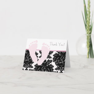 Baby Feet Pink Damask Baby Shower Thank You Cards Dankeskarte