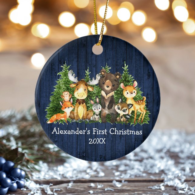 Baby First Blue Wood Christmas Forest Animals Keramik Ornament (Customize with name and year.)