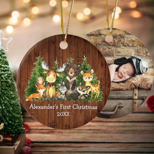 Baby First Christmas Animes Rustikales FOTO BACK R Keramik Ornament (Customize with name, year and photo on back.)