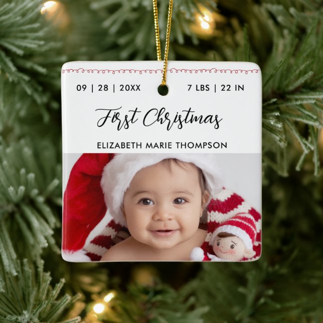 Baby First Christmas Birth Stats Name Calligraphy  Keramikornament (Baum)