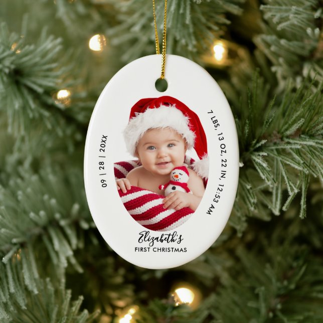 Baby First Christmas Birth Stats Name Minimal Chic Keramik Ornament (Baum)