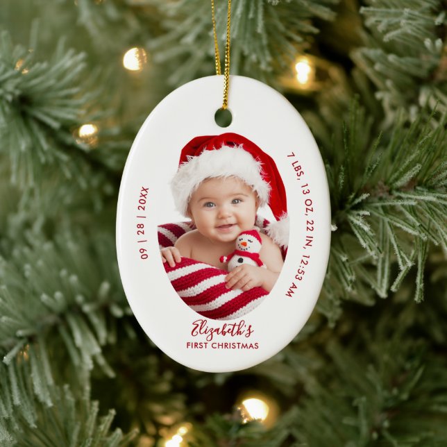 Baby First Christmas Birth Stats Name Minimal Red Keramik Ornament (Baum)