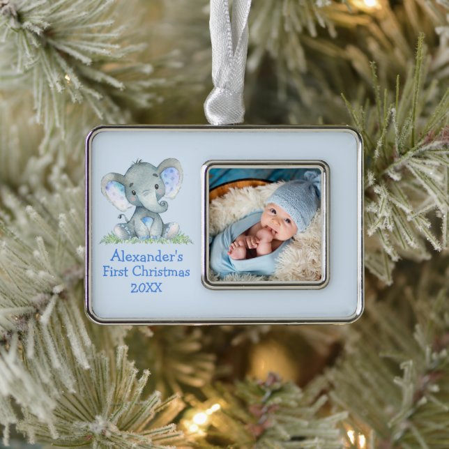 Baby First Christmas Blue Elephant Foto Rahmen-Ornament Silber (Baum)