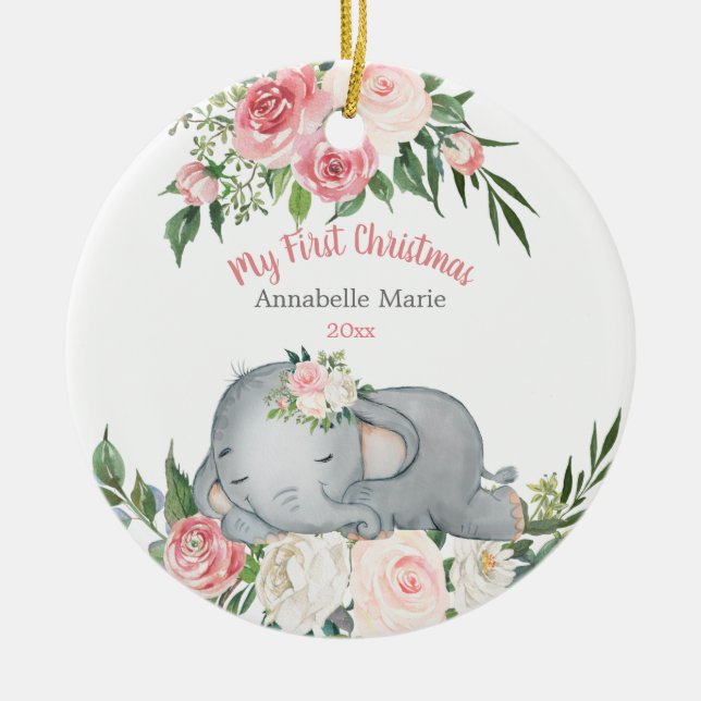 Baby First Christmas Blush Rose Elephant Keramik Ornament (Vorne)
