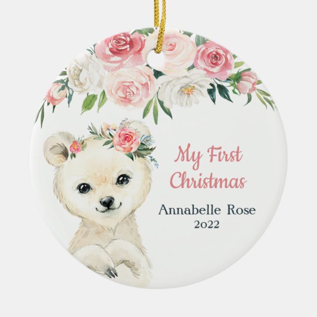 Baby First Christmas Blush Rose Polar Bear Keramik Ornament (Vorne)