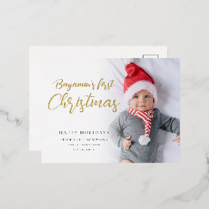 Baby First Christmas Calligraphy Foto Luxury Real Folien Feiertagspostkarte