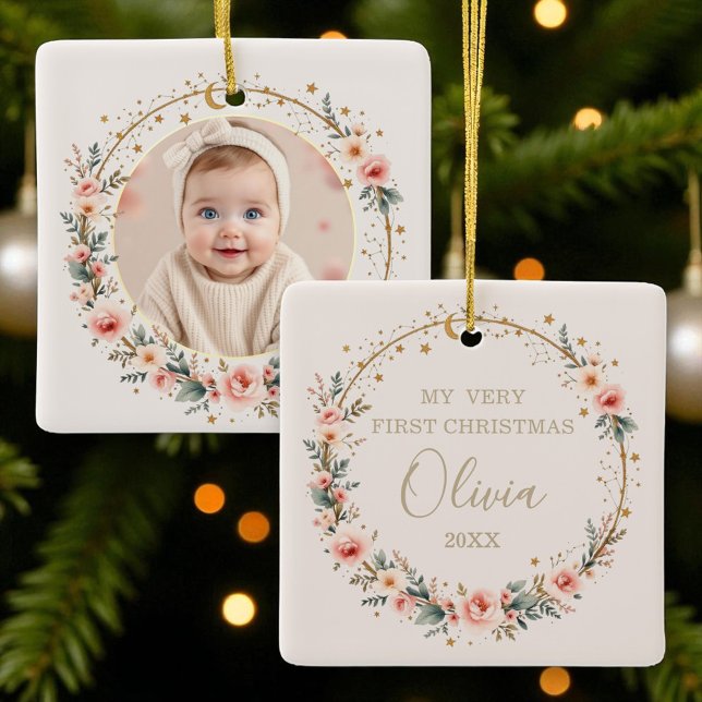 Baby First Christmas Celestis Stars Moon Foto Keramikornament (Von Creator hochgeladen)