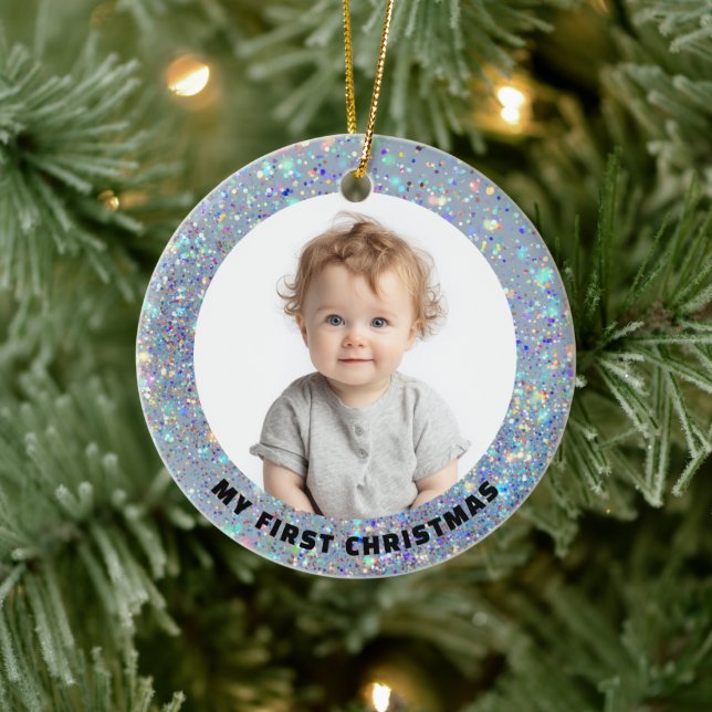 Baby First Christmas Custom Photo Glitter Ornament (Baum)