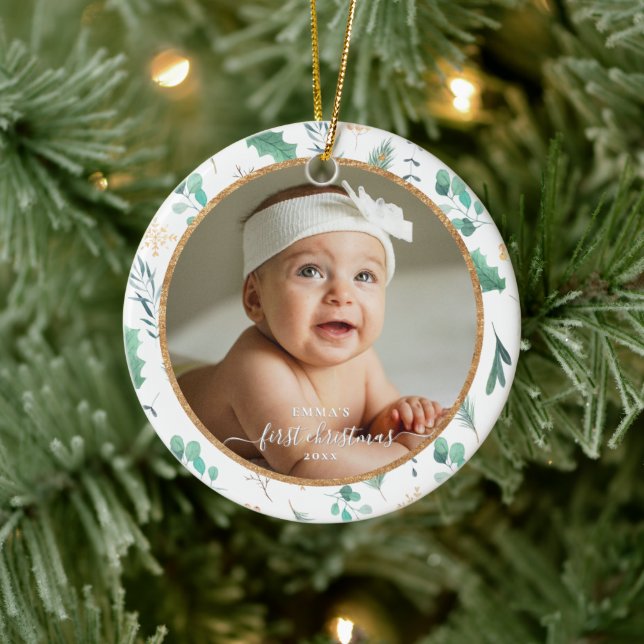 Baby First Christmas Custom Photo Watercolor Keramik Ornament (Baum)