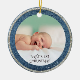 Baby First Christmas Denim Rhinestones Snowflakes Keramik Ornament