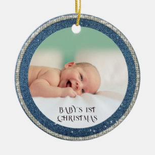 Baby First Christmas Denim Rhinestones Snowflakes Keramik Ornament