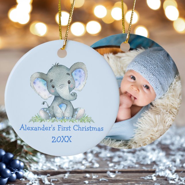 Baby First Christmas Elephant Blue FOTO Keramik Ornament (Customize with name, year and photo on back.)