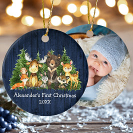 Baby First Christmas Forest Animals Blue FOTO Keramik Ornament