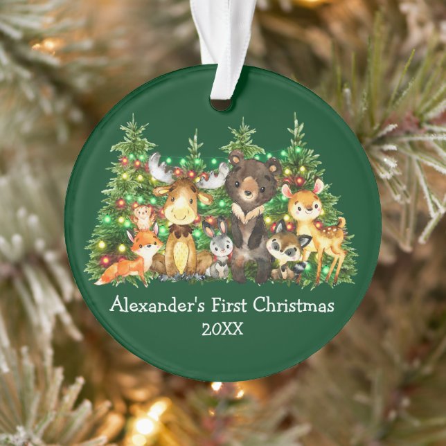 Baby First Christmas Forest Animals Lights Green Ornament (Baum)