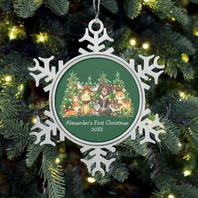 Baby First Christmas Forest Animals Lights Green Schneeflocken Zinn-Ornament (Customize with name and year.)