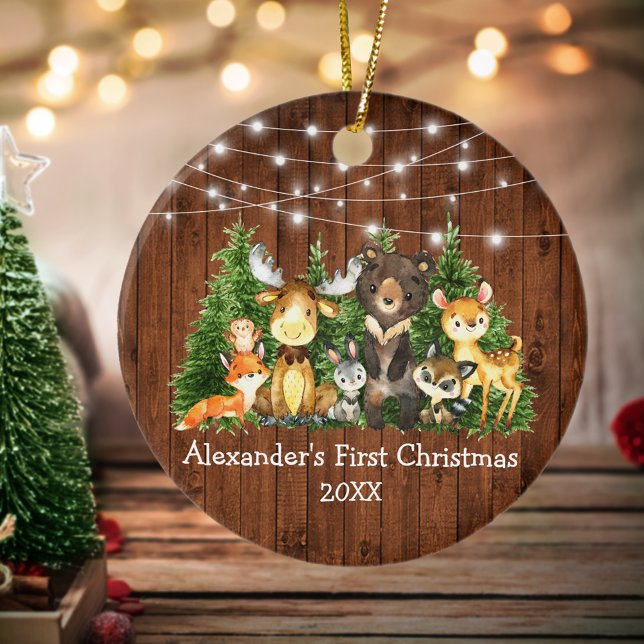 Baby First Christmas Forest Animals Lights Rustic Keramik Ornament (Customize with name and year.)