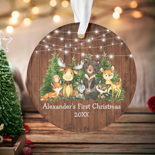 Baby First Christmas Forest Animals Lights Rustic Ornament (Customize with name and year.)