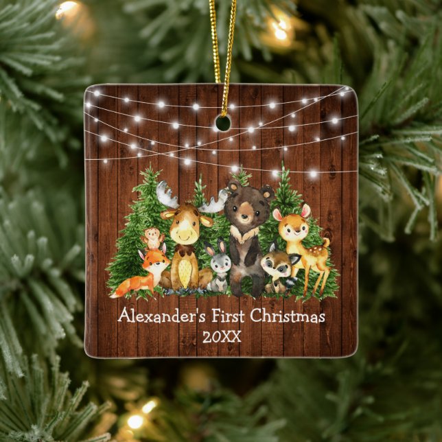 Baby First Christmas Forest Animals Lights Square Keramikornament (Baum)