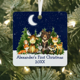 Baby First Christmas Forest Animals Moon Blue Ornament Aus Metall