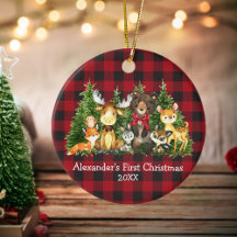 Baby First Christmas Forest Animals Red Bow Karier