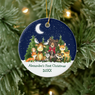 Baby First Christmas Forest Animals Red Bow Keramik Ornament