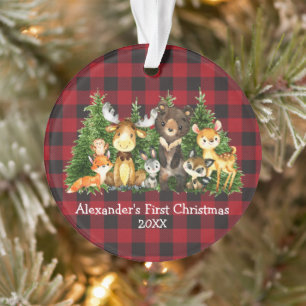 Baby First Christmas Forest Animals Red Kariert Ornament