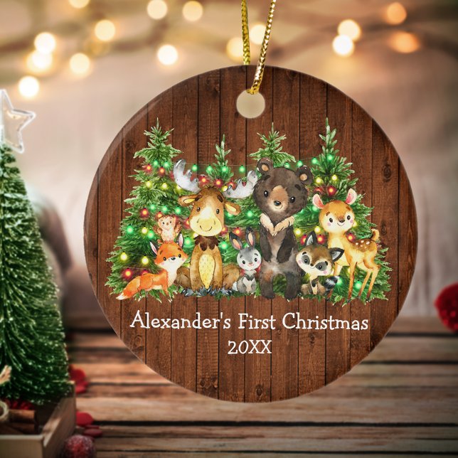 Baby First Christmas Forest Animals Trees Lights Keramik Ornament (Customize with name and year.)