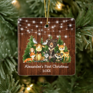 Baby First Christmas Forest Animes Lights Square Keramikornament