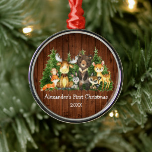 Baby First Christmas Forest Animes Rustikale Runde Ornament Aus Metall