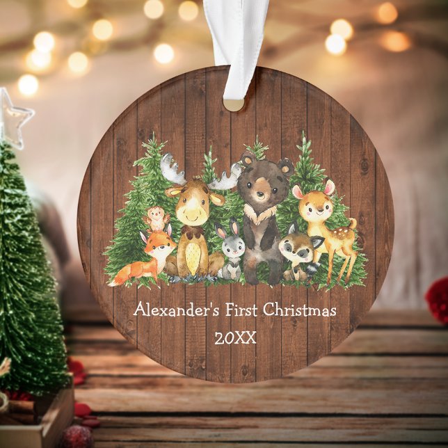 Baby First Christmas Forest Tiere Rustikal Ornament (Customize with name and year.)