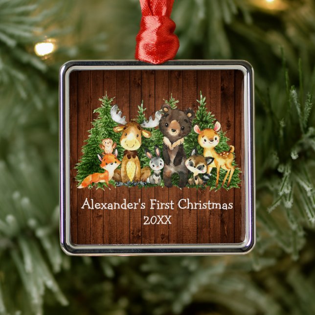 Baby First Christmas Forest Tiere Rustikal Ornament Aus Metall (Baum)