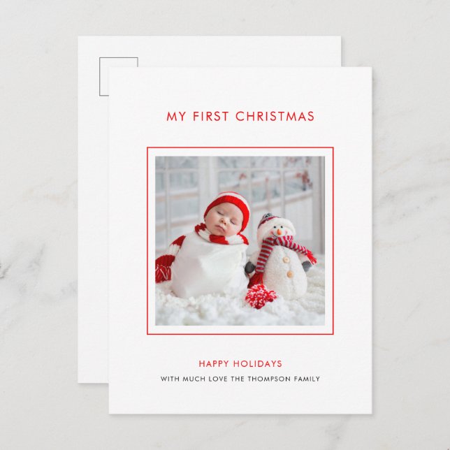 Baby First Christmas Foto Minimalistisch Urlaub Postkarte (Vorne/Hinten)