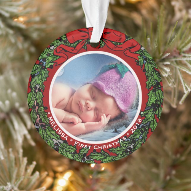 Baby First Christmas Foto Name heiligen Kranz Ornament (Baum)