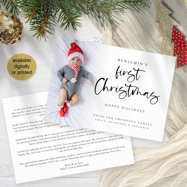 Baby First Christmas Foto Newletter Feiertagskarte (Front and back view. Available digitally and printed.)