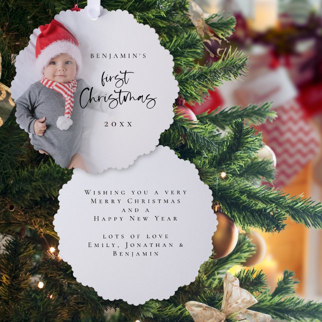 Baby First Christmas Foto Overlay Script Ornament Karte (Front and back view)