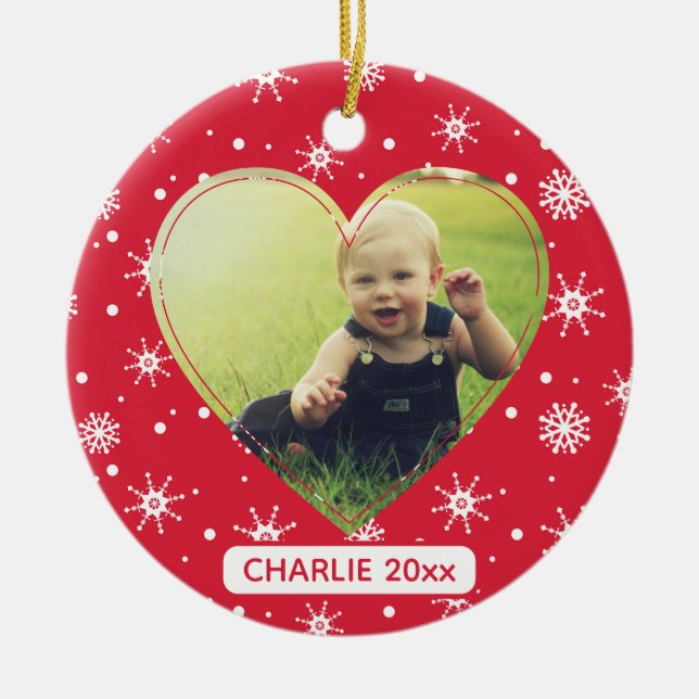 Baby First Christmas Foto Red Snowflake Keramik Ornament (Vorne)