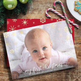 Baby First Christmas Foto Script Gold Snowflake Feiertagskarte