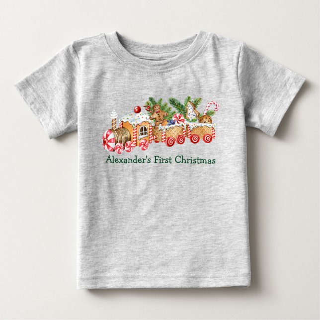 Baby First Christmas Gingerbrot Train Candy Gray T-shirt (Vorderseite)