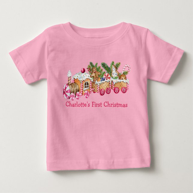 Baby First Christmas Gingerbrot Train Candy Pink Baby T-shirt (Vorderseite)