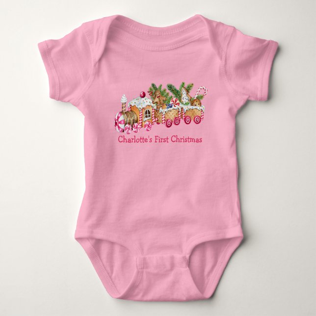 Baby First Christmas Gingerbrot Train Candy Pink Strampler (Vorderseite)