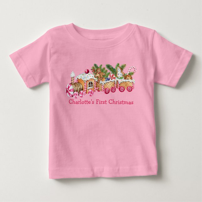 Baby First Christmas Gingerbrot Train Candy Pink T-shirt (Vorderseite)
